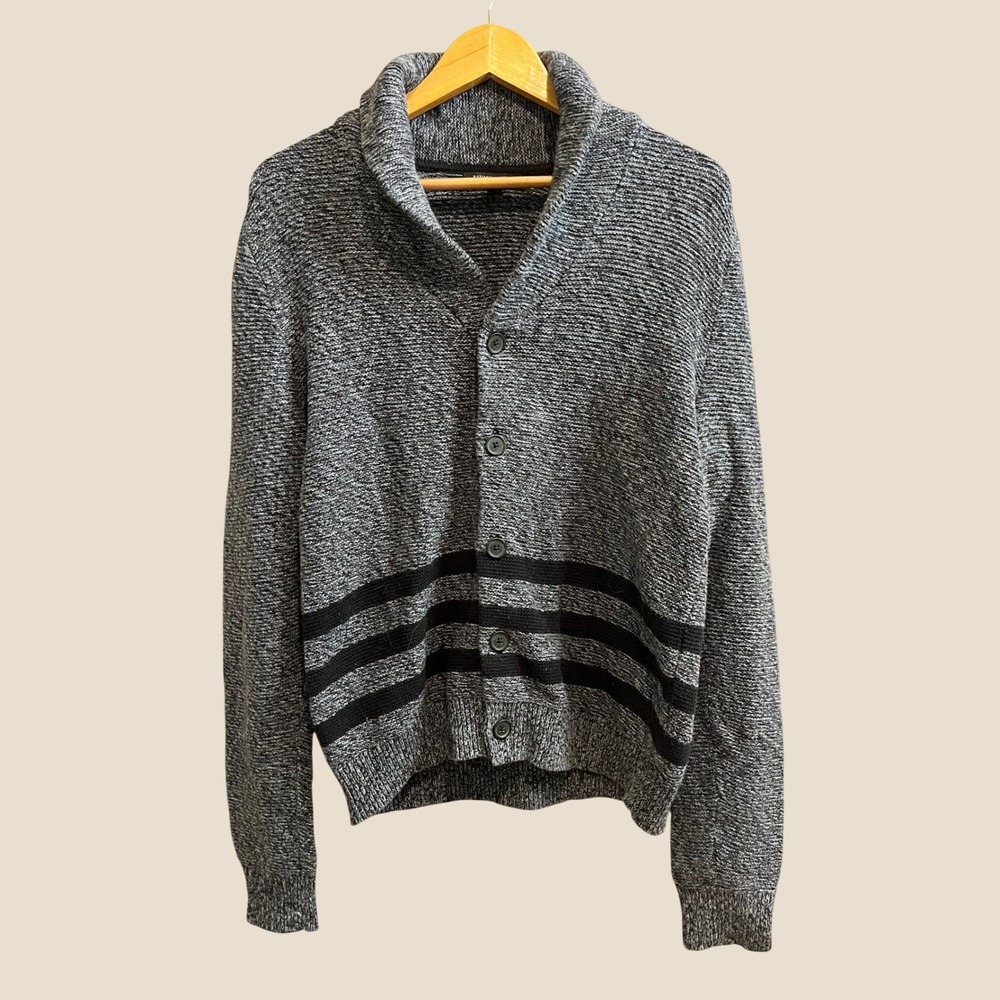 Banana Republic Cardigan Mens Small Grey Marled Shawl Collar Striped Cotton